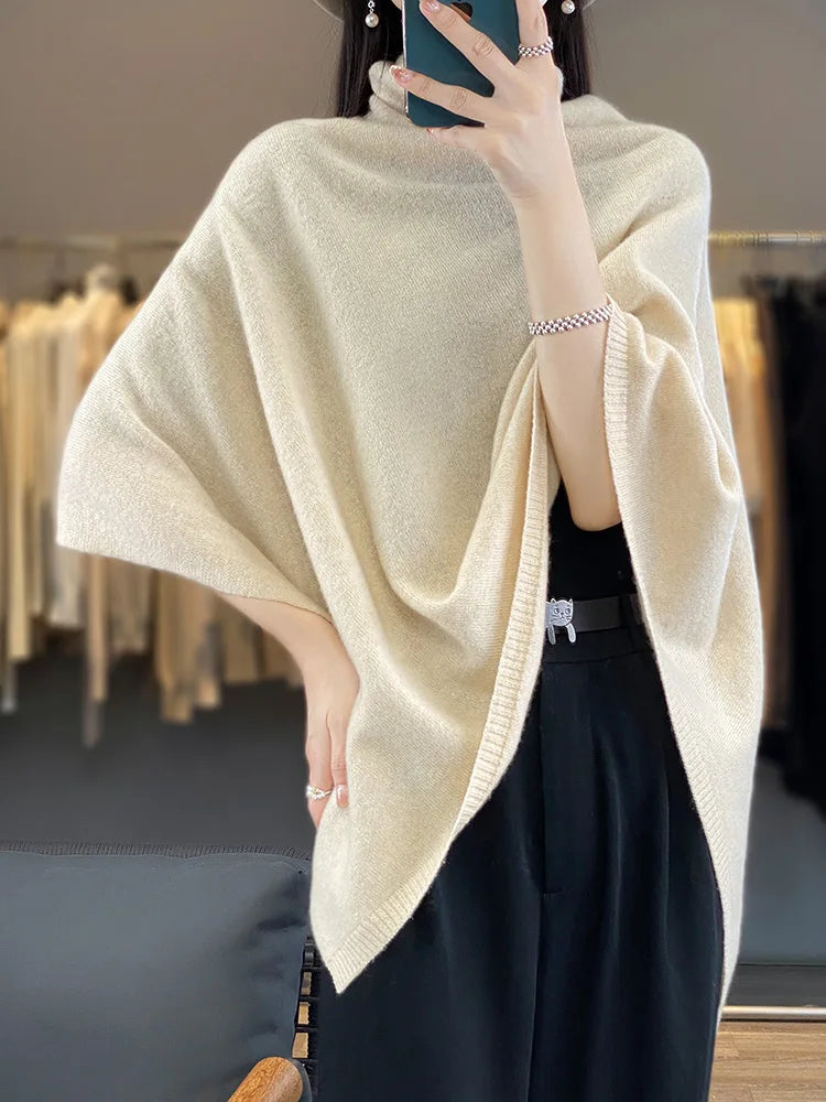 Women 100% Merino Wool Shawl Autumn Winter Turtleneck Pullover Wraps Grace Soft Warm Knitted Sweater Female Clothing Korean Tops