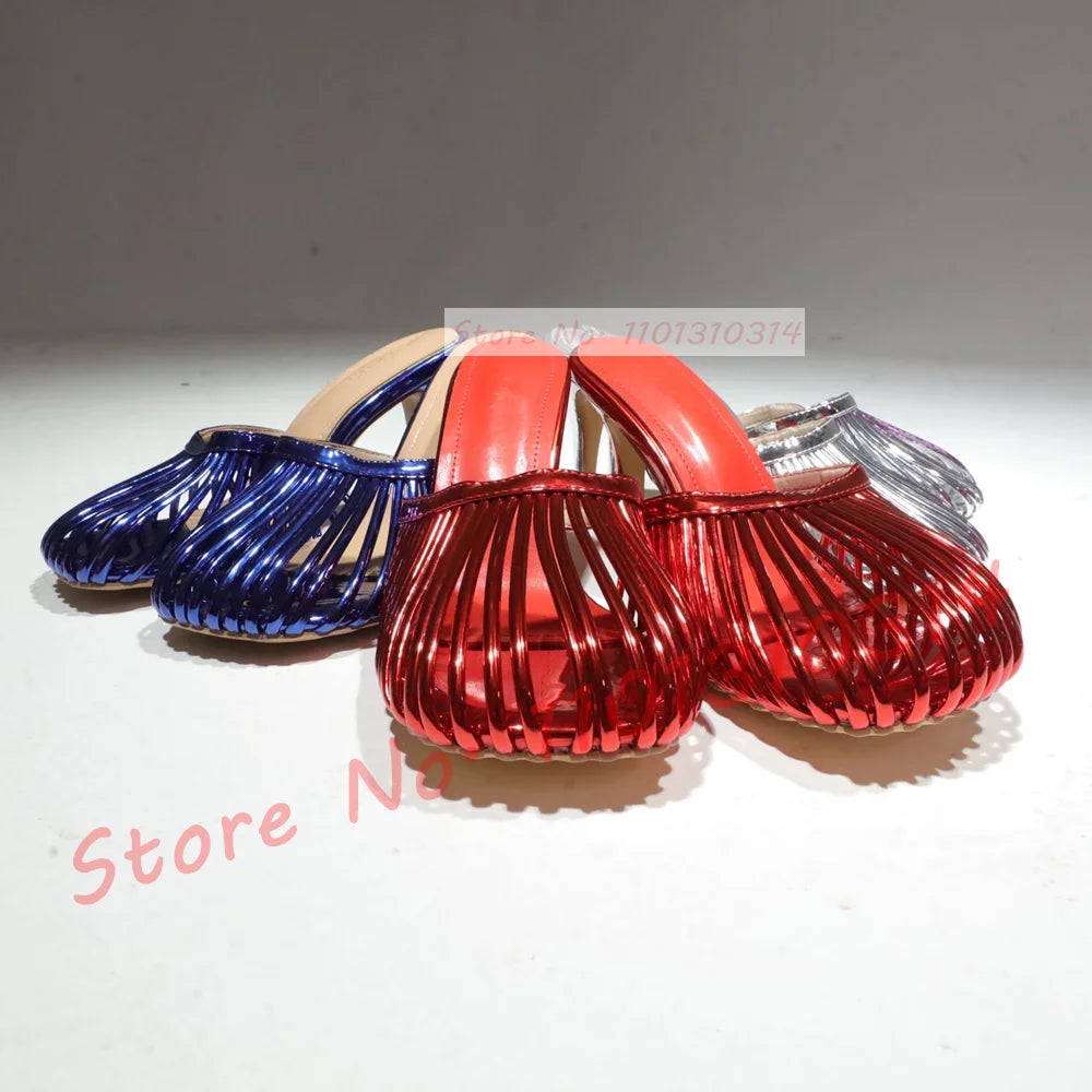 Cage Round Toe Metallic Mules Women New In Sexy Luxury High Heel Shoes Female Thin Strap 2023 Summer Elegant Chic Solid Slippers