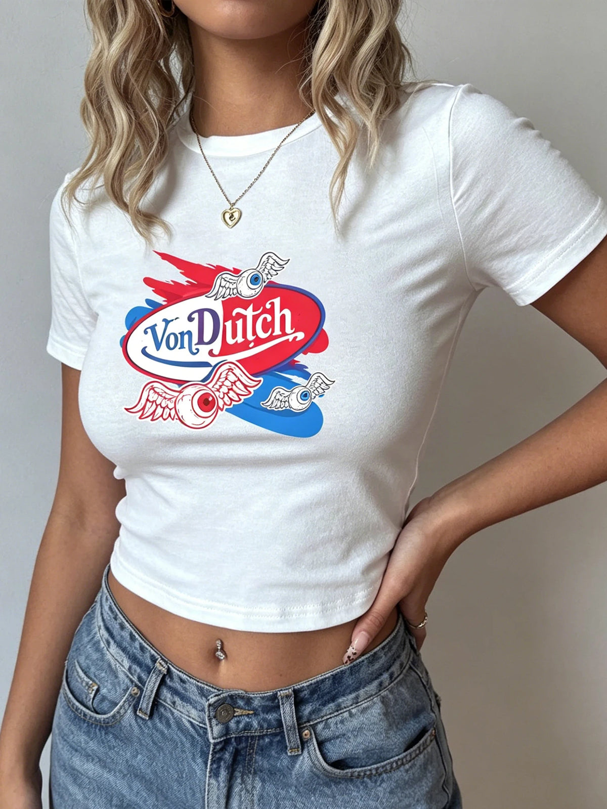 Women's Y2K Vintage Street Style Von Dutch Wing-Eye Print Fitted Short-Sleeved Short Dress