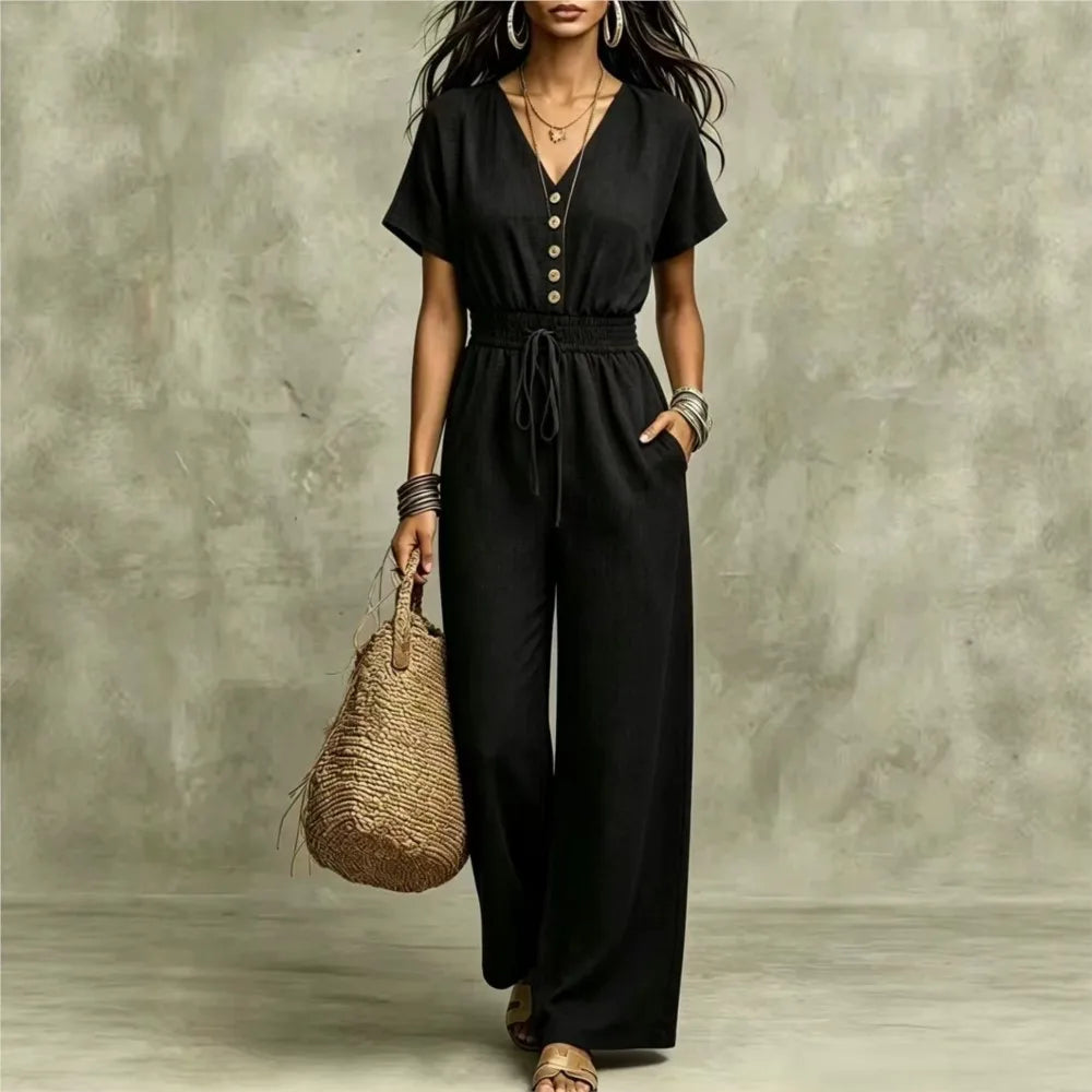 Elegant Women V-neck Buttons Jumpsuits summer solid short sleeve Drawstring wide leg Jumpsuit casual commuting Slim Rompers