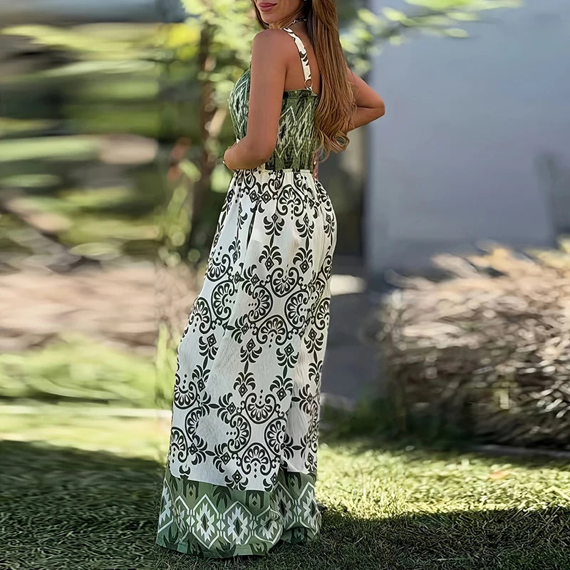Elegant Women's High Waist Wide Leg Jumpsuits Temperament Slim Pleated Playsuits Vintage Sleeveless Hollow Out Printed Rompers