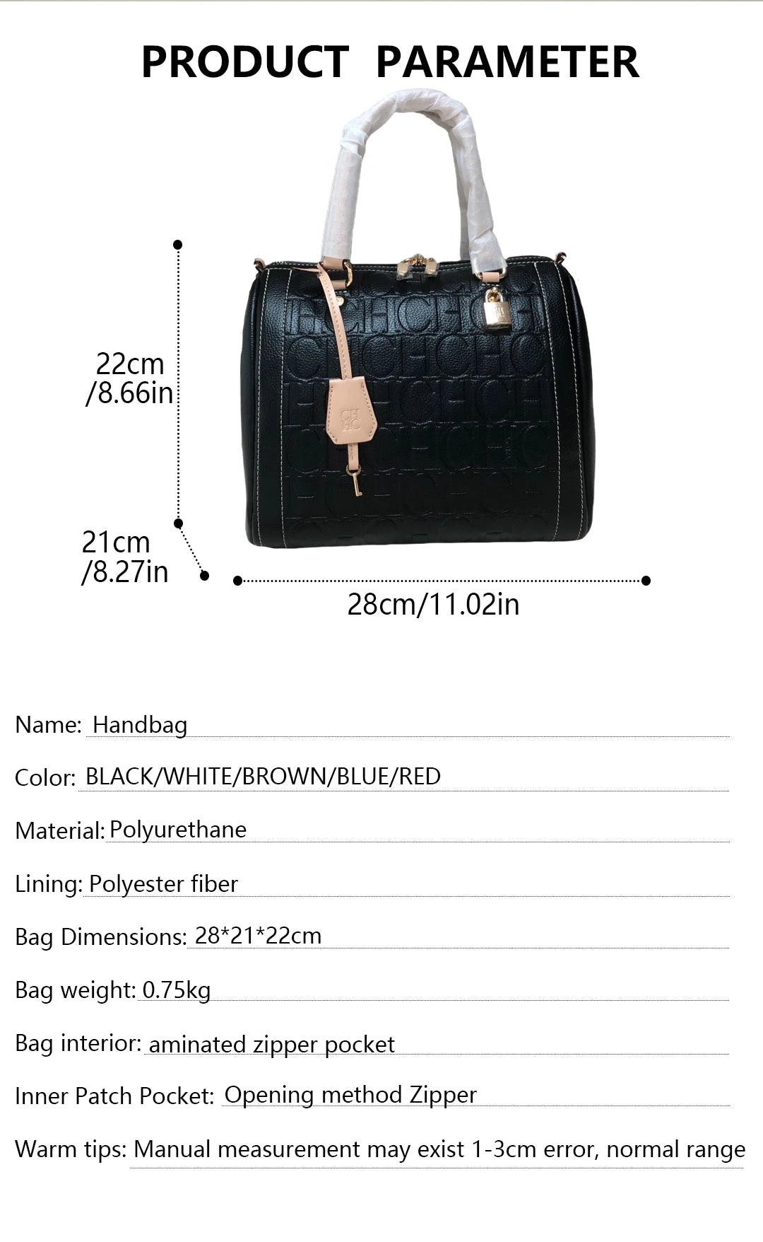 CH Carolina Herrera Boston Bag Women Leather Embossed Logo Shoulder Bag Luxury Travel Handbag Large Capacity