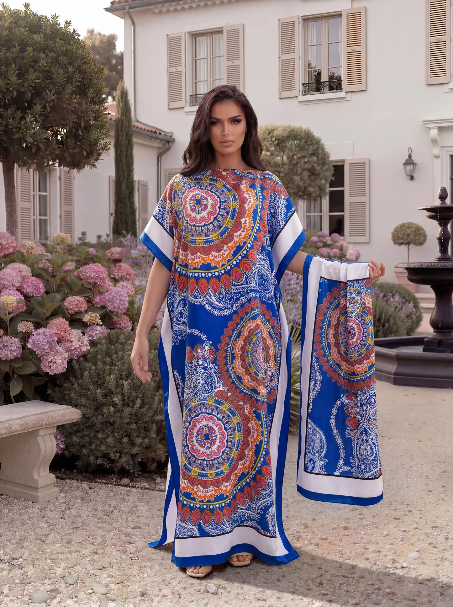 Boho Mandala Paisley Print Satin Abaya Scarf Set, Loose Batwing Maxi Kaftan For Muslim Women Summer Beach Vacation Wear