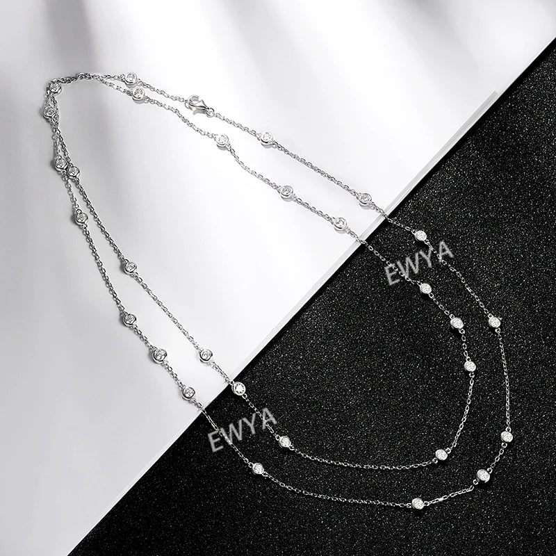 EWYA Luxury D Color Full 3/3.5mm Round Bubble Moissanite Diamond Tennis Necklace for Women Party S925 Silver 2-Layer Neck Chain