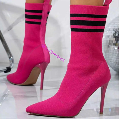 New Design Women Elastic Pointed-Toe Stiletto Heel Ankle Boots Sexy Lady High Heel Slim-Fit Stretch Socks Ankle Boots