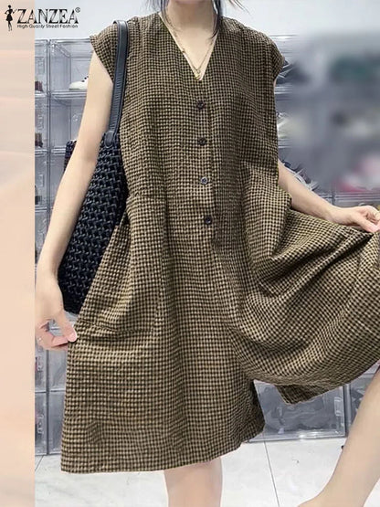 2025 ZANZEA Fashion Women Wide Leg Jumpsuits Summer Plaid Checked Overalls Pants Casual V Neck Sleeveless Work Rompers Oversize