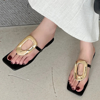 New In 2025 Luxury Women Slippers Summer Beach Fashion Metal Flip Flops Female Slides Slippers Ladies Flats Sandals Shoes