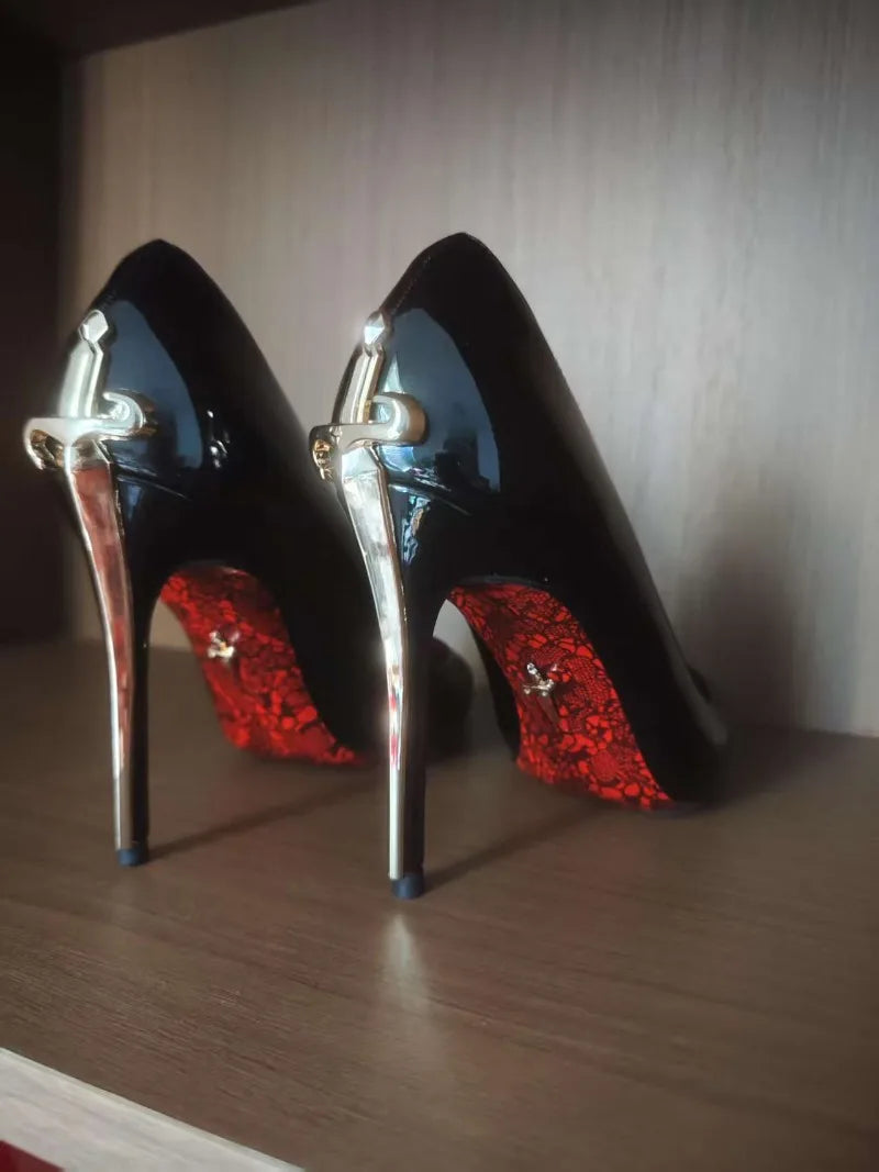 8CM-10CM Fashion Womens High Heel High Quality Metal Scepter Stiletto Pointed Leather Women Shoes Premium Single Shoes for Women