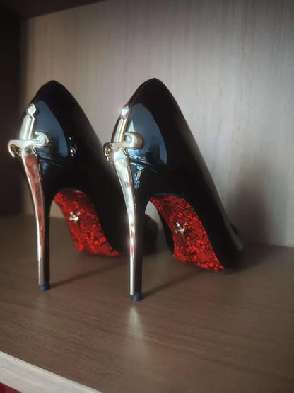 8CM-10CM Fashion Womens High Heel High Quality Metal Scepter Stiletto Pointed Leather Women Shoes Premium Single Shoes for Women
