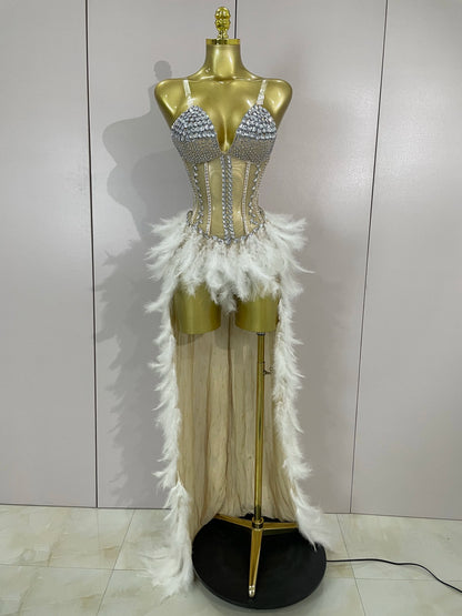 Sparkly Rhinestones Feathers Long Tail Bodysuits Sexy Mesh Transparent Stage Dress Evening Party Celebrate Luxury Birthday Dress