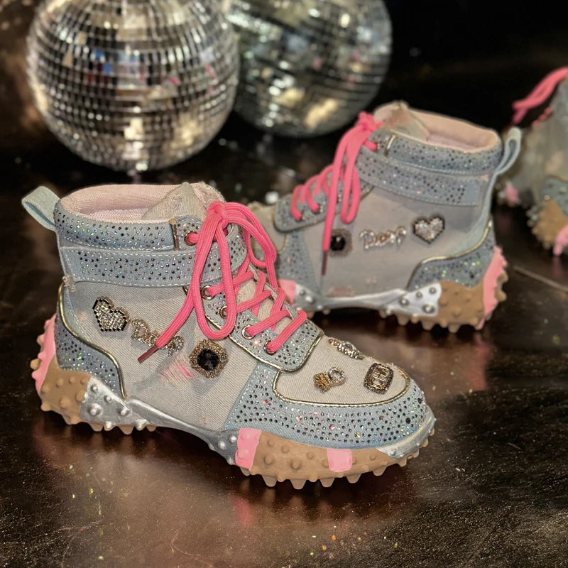 Women Rhinestone Casual Luxury Sneakers Diamond High-Top Designer Boots Thick Bottom Shoes Female Tennis Outdoors Walking Shoes