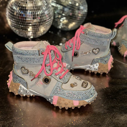 Women Rhinestone Casual Luxury Sneakers Diamond High-Top Designer Boots Thick Bottom Shoes Female Tennis Outdoors Walking Shoes