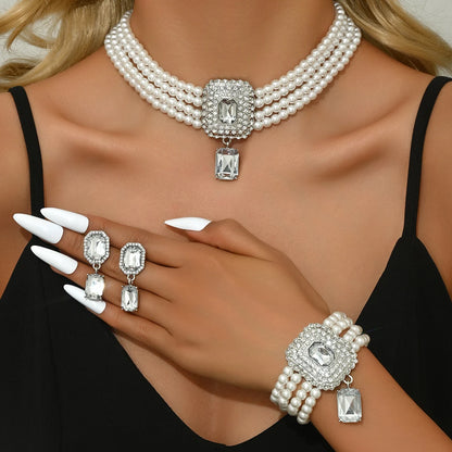 Women's Fashion Light Luxury Short Style Imitation Pearl Rhinestone Necklace Earrings Bracelet Jewelry Set Party Festival Gift