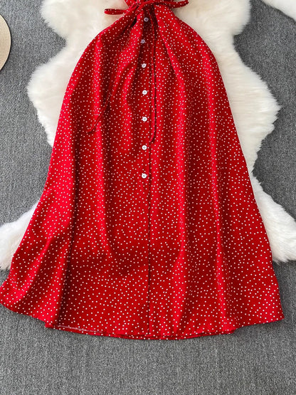 Summer Women Polka Dot Long Dress Vintage V-Neck Flying Sleeve High Waist Single Breasted A-Line Casual Vestidos Female Robe New