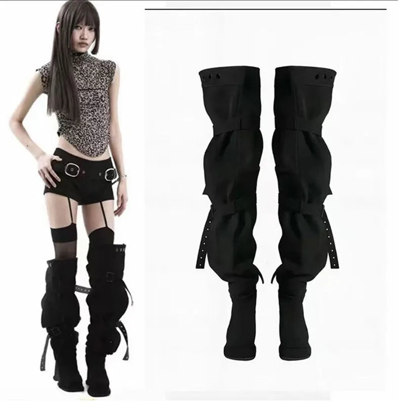 Fashion Model Women's Shoes Punk Style Buckle Over The Knee Boots for Woman Exquisite Platform Boots Designer Shoes Botas Mujer