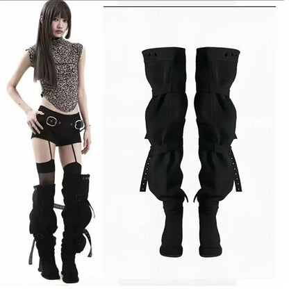 Fashion Model Women's Shoes Punk Style Buckle Over The Knee Boots for Woman Exquisite Platform Boots Designer Shoes Botas Mujer