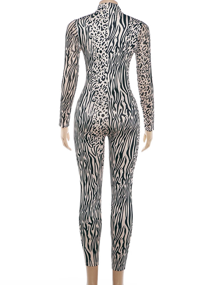 Weird Puss Sexy Fashion Jumpsuits Woman Leopard Print Turtleneck Full Sleeve Skinny Peach Hip Hottie High Street Style Overalls