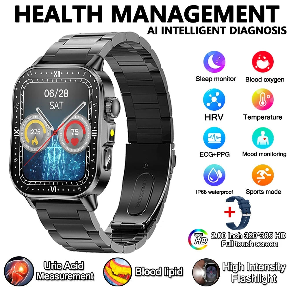 2026 New Professional-Grade Health Smart Watch Men ECG BP HR Uric Acid Lipid BMI Body Analysis Bluetooth Call Smartwatch Women