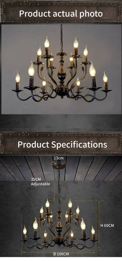 American Retro Cafe Pendant Light Dining Room Black Metal Ceiling Chandelier Industrial Candle E14 Chandelier Lighting
