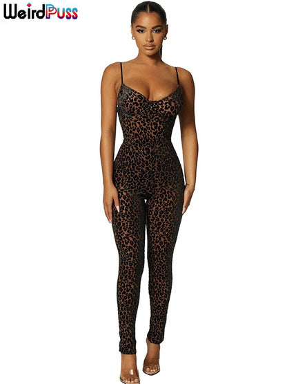 Weird Puss Leopard Print Sexy Skinny Women Jumpsuit Sleeveless Backless Fit Workout Activewear Party Nightclub Stretch Outfits