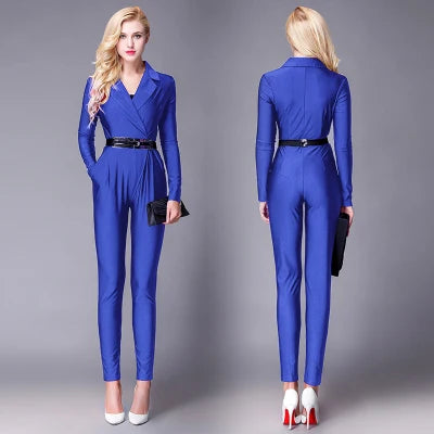 Fashion Women Long Sleeve Sexy V Neck Wide Leg Rompers Belted High Waist Jumpsuits Long Office Ladies Outfits Jumpsuit Colors