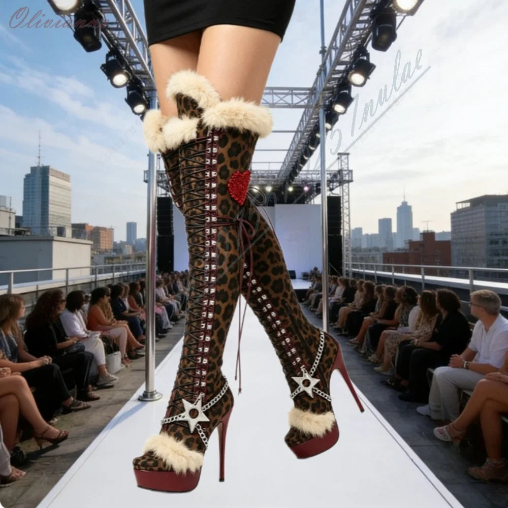 Y2K Style Leopard Over Knee High Heel Boots Ladies Faux Fur Heart Print Star Chain Peep Toe Lace‑Up Platform Stiletto Sexy Boots