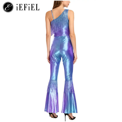 Women Shiny Metallic Jazz Disco Dance Jumpsuit 70s 80s Hippie Costume Sequin Tassels One Shoulder Bell Bottom Bodysuit Rompers