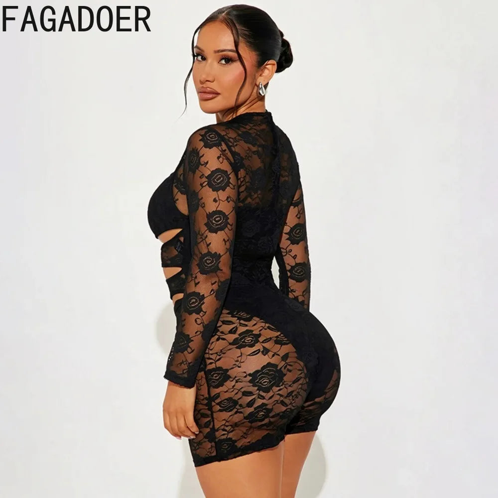 FAGADOER Sexy Black Floral Lace Rompers for Women Fashion Hollow Out Long Sleeves Bodycon Jumpsuits Night Club Mesh Playsuits