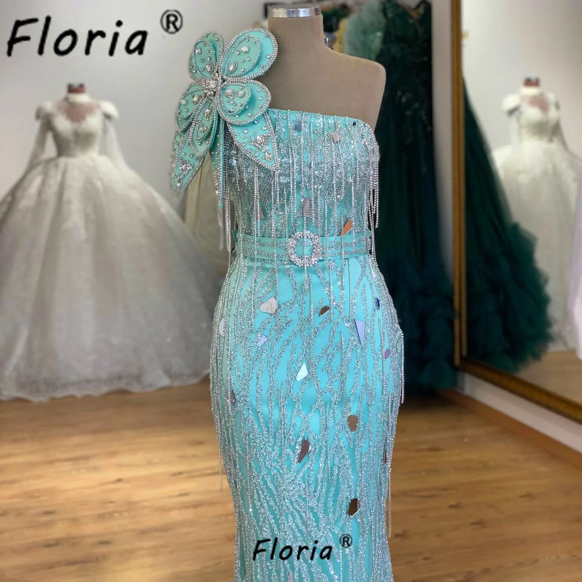 Floria Blue Mermaid Prom Dress Beaded Crystal Tassels Woman Formal Party Dresses One Shoulder Evening Dinner Party Customized