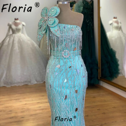 Floria Blue Mermaid Prom Dress Beaded Crystal Tassels Woman Formal Party Dresses One Shoulder Evening Dinner Party Customized