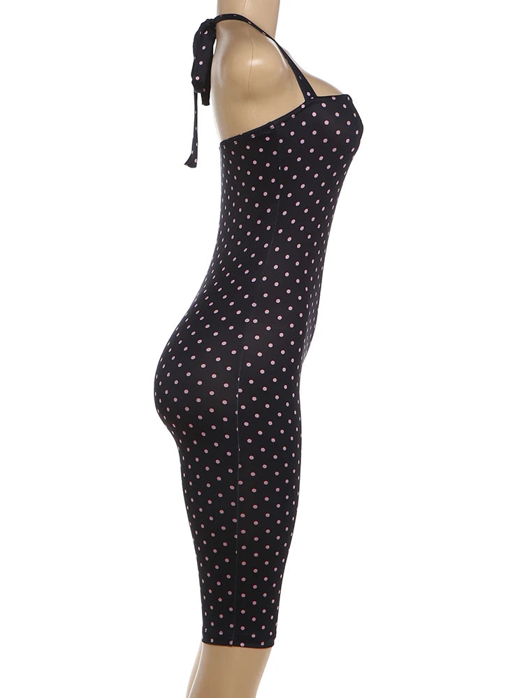 Weird Puss Sexy Backless Rompers Woman Polka Dot Print Bandage Halter Sleeveless Skinny Peach Hip High Street Fashion Playsuits