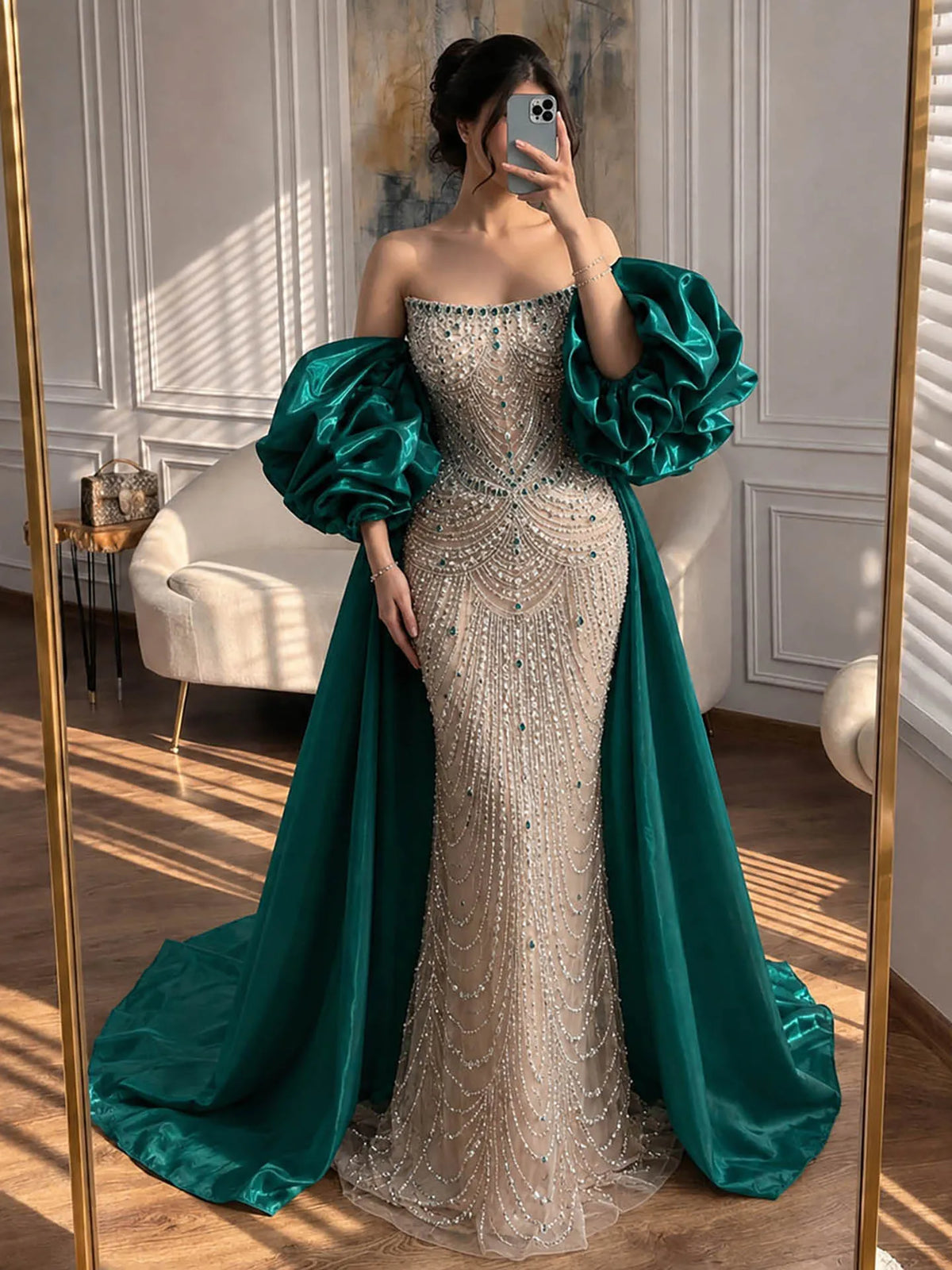 Serene Hill Luxury Red Crystal Beaded Mermaid Evening Dress with Detachable Puffy Sleeves and Satin Cape LA72903A Customized