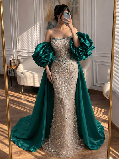 Serene Hill Luxury Red Crystal Beaded Mermaid Evening Dress with Detachable Puffy Sleeves and Satin Cape LA72903A Customized