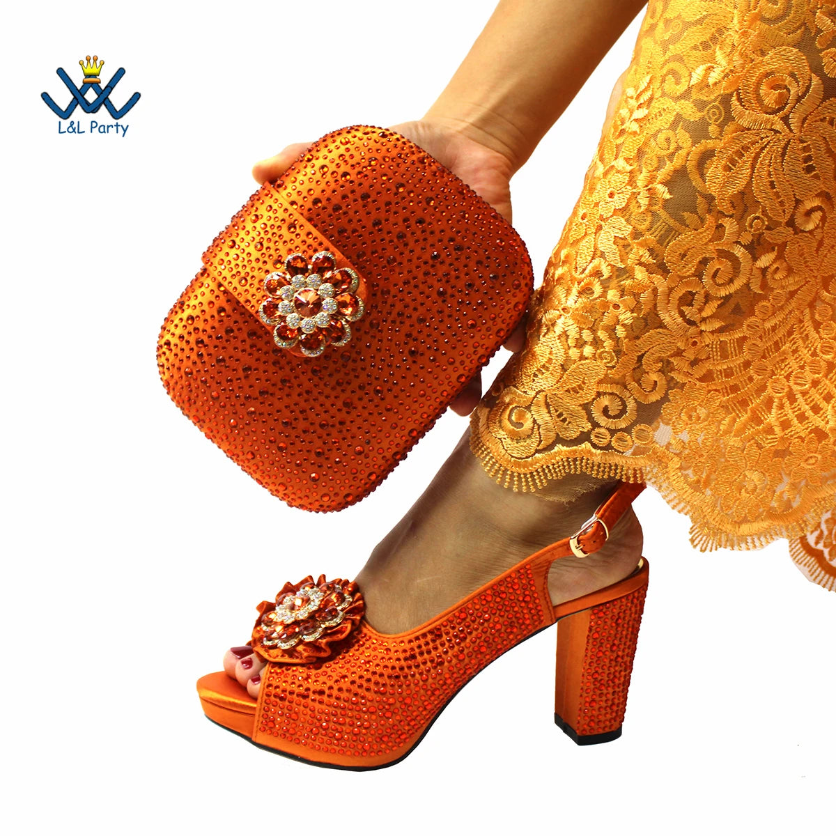 New Design Peep Toe African Spring Autumn Lady Shoes and Bag Set in Gold Color Women Sandal in Wedding