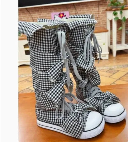 Canvas Patchwork Round Toe Belt Buckle Platform Knee-High Women Boots Height Increasing Sole Lace Up Design Large Size Shoes