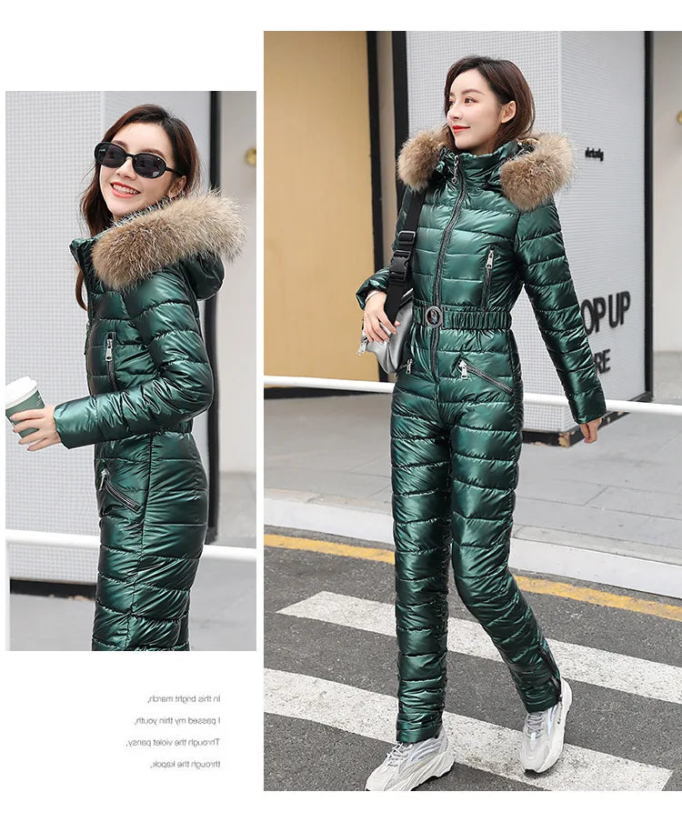 Jumpsuits One Piece Ski Suit Winter Thicken Snow Place Down Cotton Women Suits Warm Hooded Waist Slim Shiny Outdoor Sports