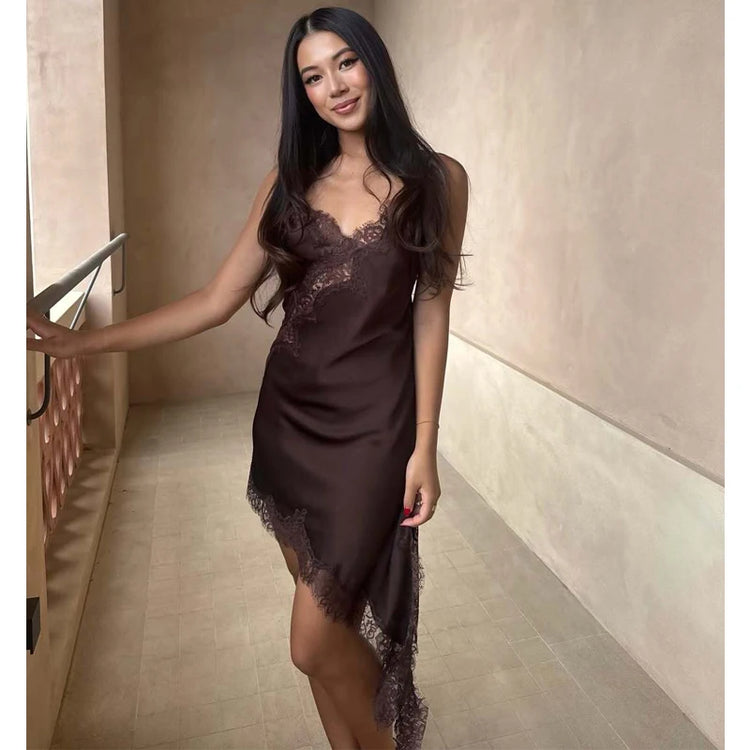 MUJER Lace Slip Mini Dress Women Satin Backless Summer Dress Woman Asymmetric Party Women's Dress Sexy Beach Dresses for Women