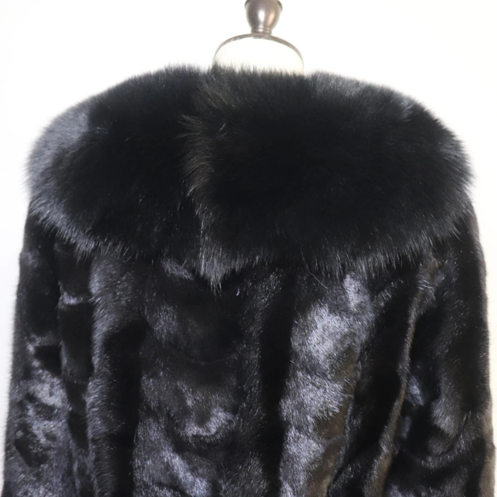 Winter Real Mink Fur Coat With Fox Fur Collar For Women Long Style 100% Genuine Mink Fur Jacket Thick Warm Natural Mink Fur Coat