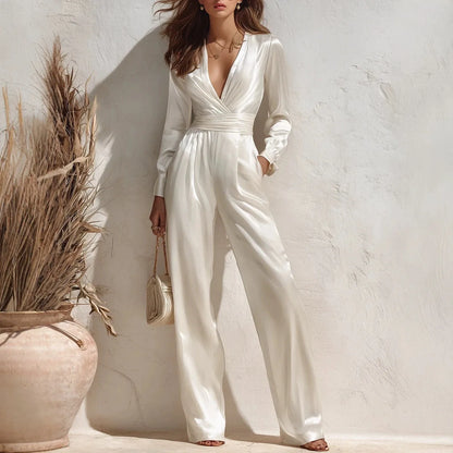 Women Cargo Pants One-Piece Suit Satin Full Long Coverall Rompers Casual Solid Color V Neck Jumpsuit For Work Travel Holiday