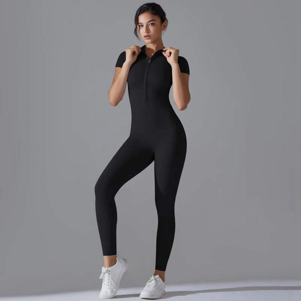 Womens Jumpsuits Short Sleeve Yoga Slim Fit Stretch One Piece Romper Sexy Fitness Female Basic Sportwears Black Zipper Ladies