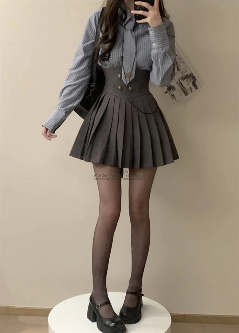 Spring 2025 Preppy Style American Uniform Set Girls Short Suit Coat Long Sleeve Striped Shirt Slim High Waist Pleated Skirt Grey