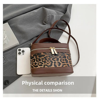 Fashion Round Bucket Bags For Women's Daily Used, Leopard Pattern Crossbody Shoulder Bag For Commuting, Casual Ladies Handbags
