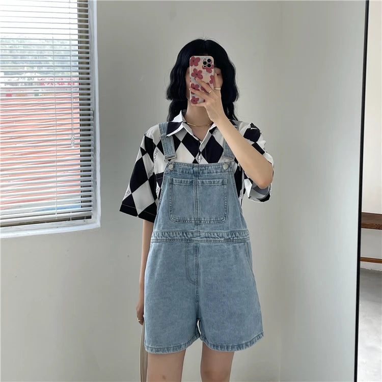 Women's Denim Overalls Short Trousers Wide Leg Loose Fit Thin Jumpsuit Korean Style for Petite Ladies Casual Clothing