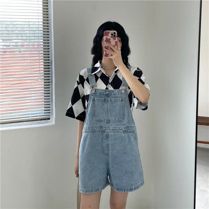 Women's Denim Overalls Short Trousers Wide Leg Loose Fit Thin Jumpsuit Korean Style for Petite Ladies Casual Clothing