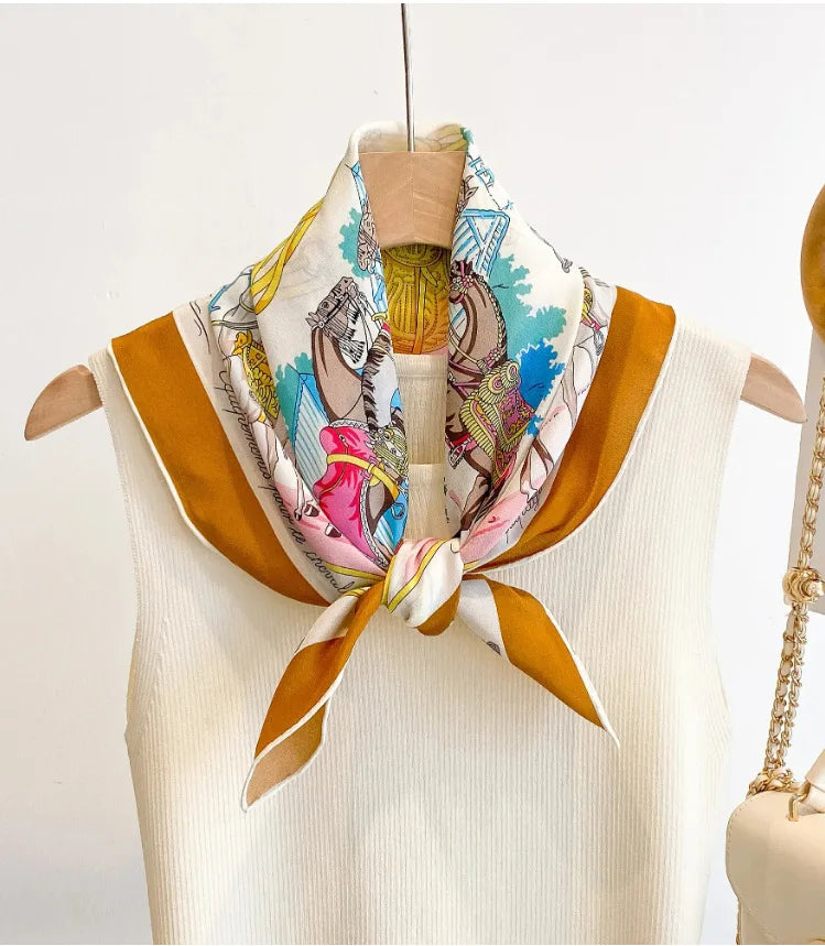 100% Mulberry Silk Square Scarf Vintage Equestrian Horse Saddle Print Bandana Unisex Neck Head Wrap Office Travel Holiday Gift