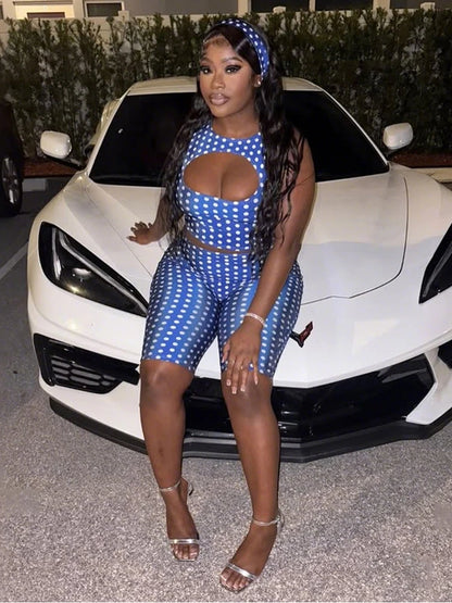 Weird Puss Sexy Hollow 2Piece Set Woman Polka Dot Print O-Neck Crop Tops+Skinny Stretch Shorts Hot Girl High Street Fashion Suit