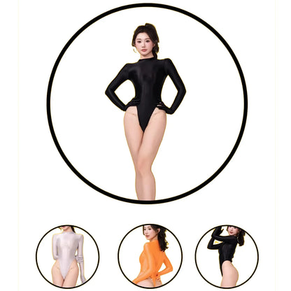 Women Sexy Japanese Onepiece High Cut T-shaped Quickdry Swimwear Longsleeve High Neck Thong Tight Bodysuit Leotards Bathing Suit