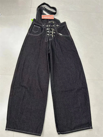 Women's Detachable Black Overalls Street Jumpsuits Wide Leg Sweatpants Straight Unisex Trousers High Waist Casual Baggy Pants