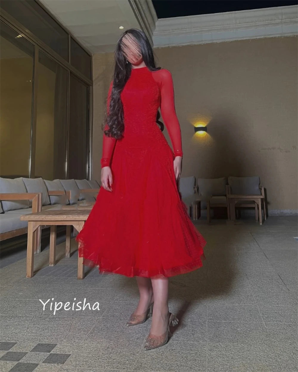 Customized  Prom Classic Modern Style High Collar A-line Draped Ankle-Length Tulle Bespoke Occasion Dresses Evening
