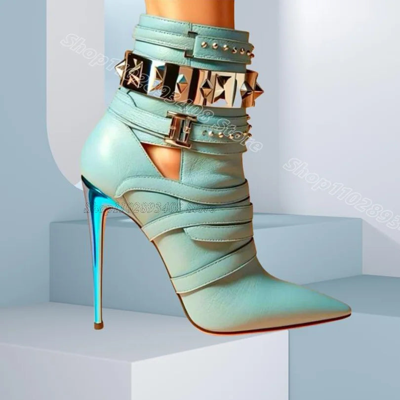 Blue Rivet Decor Short Boots Pointed Toe Matte Leather Side Zipper Stylish Women Party Casual Boots 2025 Zapatos Para Mujere